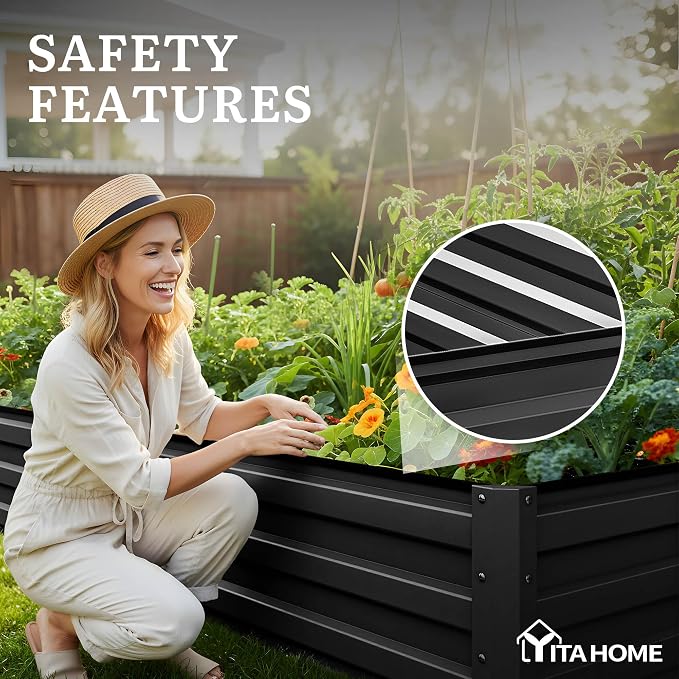 YITAHOME 2pcs 12x4x1ft Galvanized Raised Garden Bed, Metal Planter Box with Safety Rubber, Gloves, Outdoor Flower Bed for Planting Plants Vegetables, Black