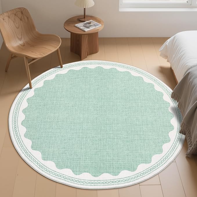 4ft Scalloped Round Rug Green Washable Living Room Bedroom Area Rug | Small Solid Rug for Bedroom Girls, Non Slip Scalloped Round Bath Mat, Soft Dorm Nursery Carpet for Bedside
