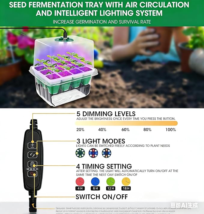 MYMULIKE Seed Starter Tray with Grow Light,5 Pack 60 Cells Seedling Tray Kit Reusable & Dishwasher Safe for Starting Vegetable, Flower & Herb Seeds Indoor Grow Kit for Deep-Rooted Seedlings