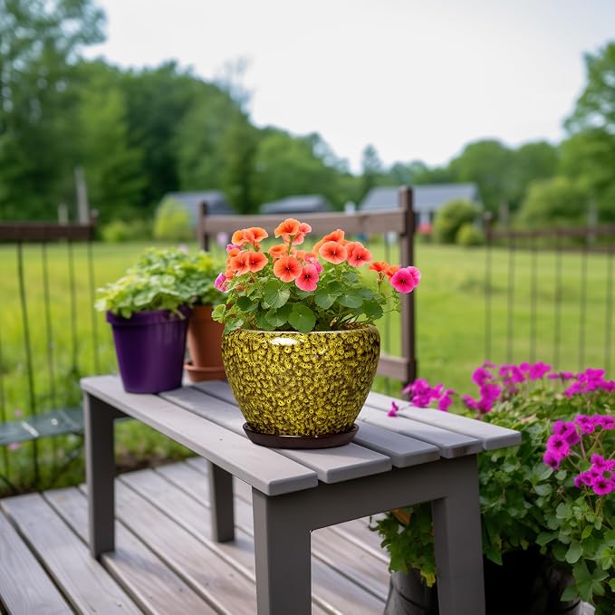 8 Inch Ceramic Flower Pot, Yellow Leopard | Drainage Hole and Saucer, Indoor Outdoor Use, Round Plant Pot, Decorative Planter