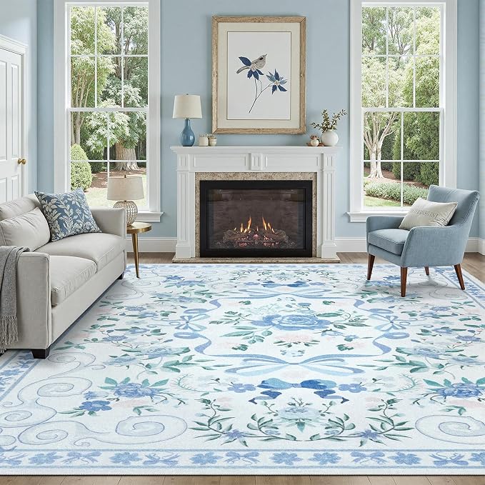 DCX Washable 5x7 Bow Rug, Blue Floral Rug for Girls’ Bedroom, Cute Soft Low Pile Indoor Décor Carpet, Kid & Pet Friendly Nursery Rug for Living Room, Dorm, Playroom