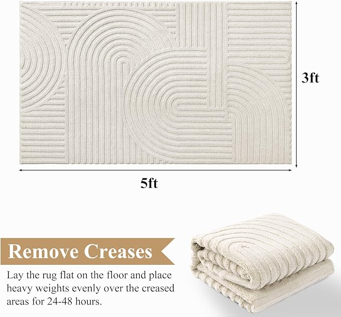 Pauwer 3x5 Area Rugs for Living Room, Modern Non Slip Washable Rug, Beige | Arch Pattern, Soft Fluffy, Neutral, Boho Accent, Solid Color Floor Carpet, For Kids Room Dining Room Nursery Entryway