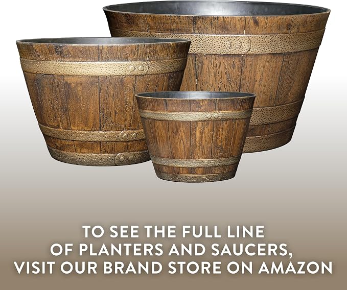 Classic Home & Garden Whiskey Barrel Planters, Wood Finish Flower Planter Pot, Stylish Indoor & Outdoor Resin Garden Pots, Weather-Resistant Planting Pot (20.5" Kentucky Walnut, 1- Pack)