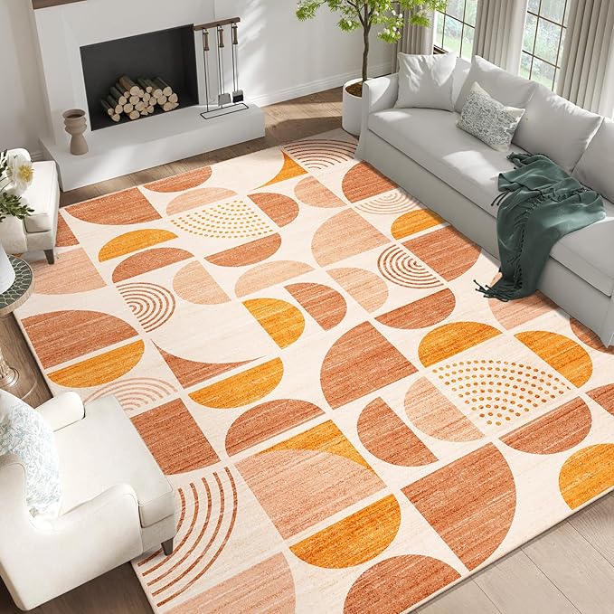 9x12 Area Rugs,Washable Rug Non Slip Modern Abstract Boho Large | Throw Carpet for Living Room Bedroom Dining Room Soft Low Pile Floor Indoor Bohemian Orange