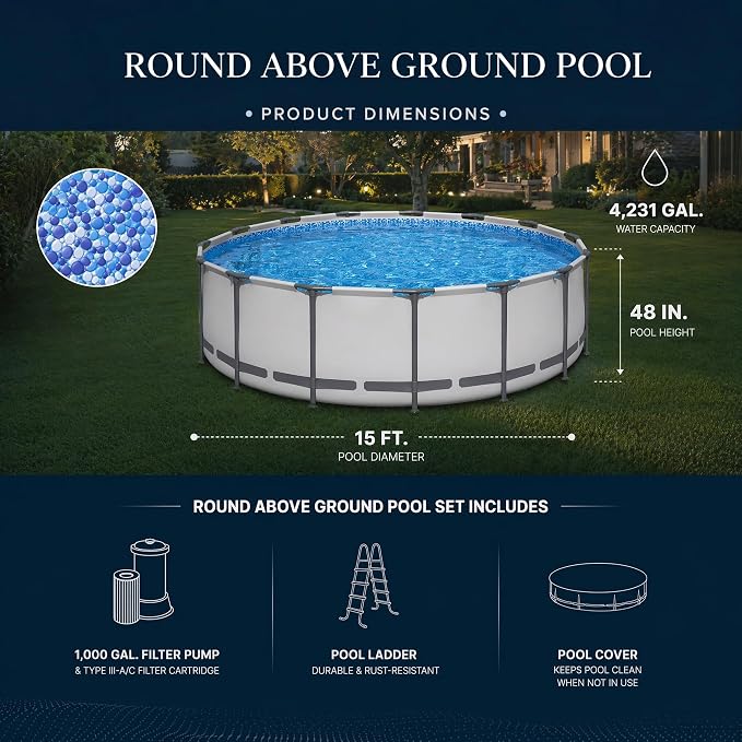 Above Ground Pool 15ft x 48in Steel Frame w/Pump Ladder Cover | 15x48ft, steel frame rust-proof, tool-free setup, 1000gal timer pump, ladder, cover, spare filter. 3-layer PVC liner.