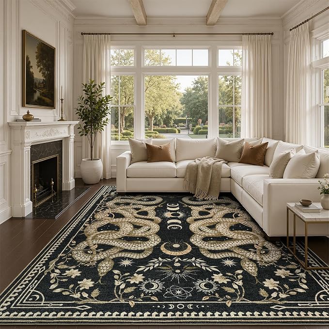 DCX 10x13 Washable Snake Rug for Living Room, Non Slip Low Pile Rug, Black | Rugs for living rooms, bedroom, dining room, office, soft, gothic rug, sain resistant indoor carpet, home decor