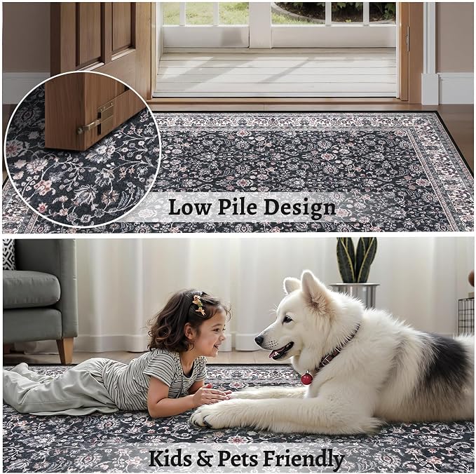 Ciicool Boho Black 2x4 Runner Rug Entrance Small Rug Vintage Floral Soft Non-Slip Kitchen Washable Area Rugs for Hallway Foyer Bathroom Laundry Room Bedroom Decoration