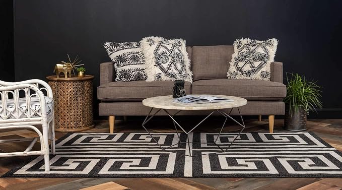 Unique Loom Athens Collection Classic Geometric Modern Border Design Area Rug (5' 0 x 8' 0 Rectangular, Black/ Beige)