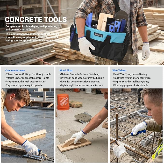 10PCS Concrete Trowel Set, Masonry Hand Tool Kit Includes Finishing Trowel, Pool Trowel, Wood Float, Edger, Groover, Margin Trowel, Wire Twister, Gloves & Carry Bag for Stucco and Cement Work