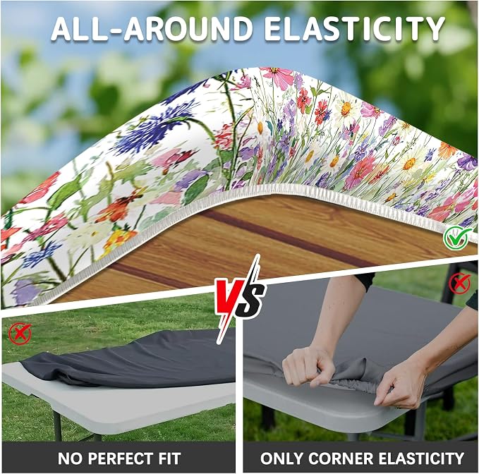 Flowers Picnic Table Cover with Bench Covers Elastic Edges, 3 Pcs Flowers Fitted Table Cover with Drawstring Bag, Waterproof Windproof Aesthetic Camping Tablecloth, Outdoor Camping Essentials 72 Inch