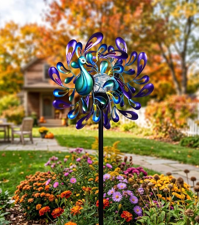 Peacock Wind Spinner Metal Kinetic Turquoise Green Garden Yard Art | Hand-Crafted, Shimmering turquoise metal peacock sculpture, Auto-glow solar crackle ball, Stable 5-prong stake