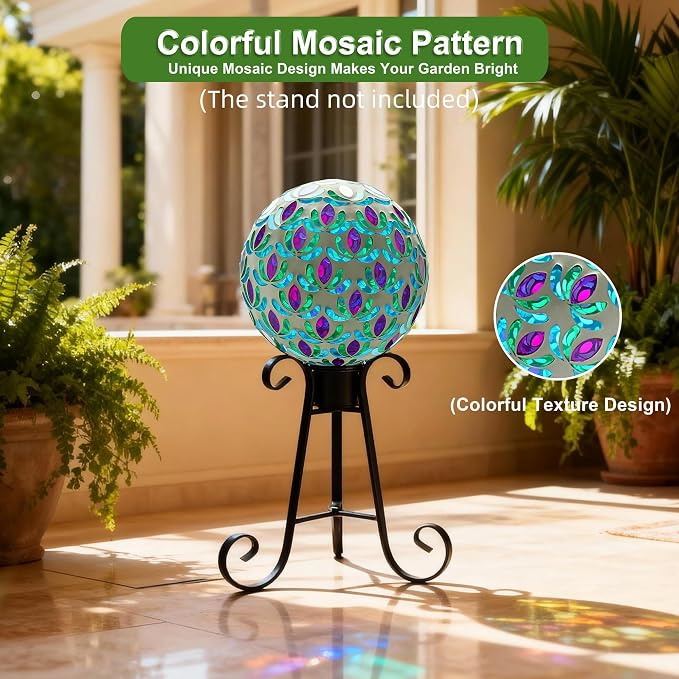 VOREEN 8” Mosaic Glass Gazing Ball — Purple Teal & Green Garden Sphere, Weather-Resistant Outdoor Yard & Patio Decoration, Fade-Free, Four-Season Use