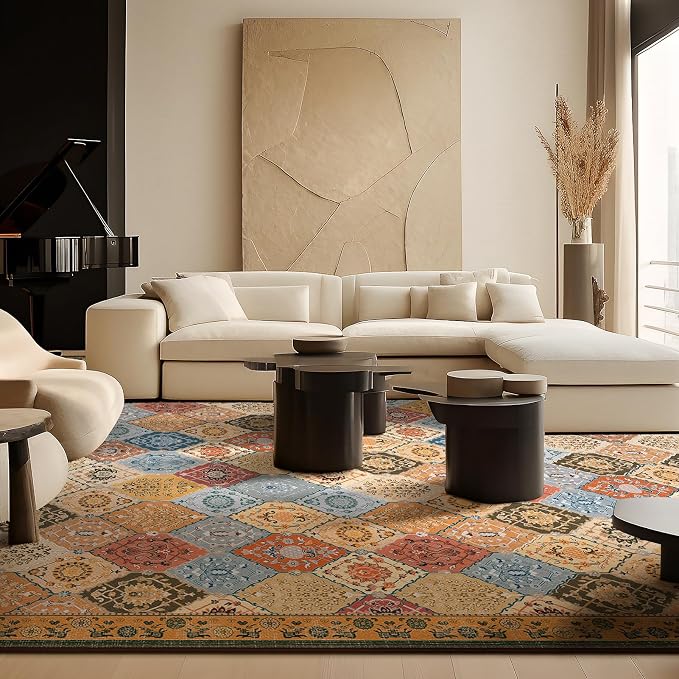 Phantoscope Washable Area Rug 5'x7' Non-Slip, Vintage Boho Rugs for Living Room, Bedroom, Dining Room, Distressed Moroccan Mosaic Diamond Pattern, Low-Pile Foldable Floor Carpet, Terracotta/Rust