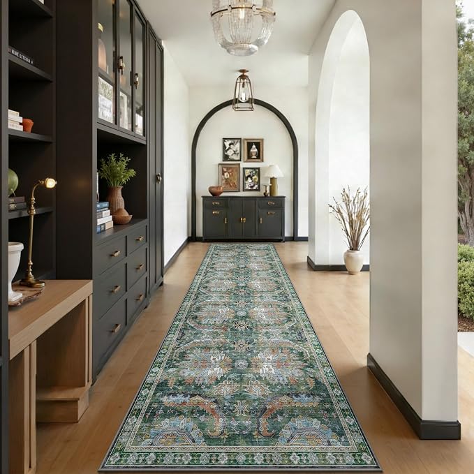 2x10 Hallway Runner Rug, Washable Vintage Retro Long Runner Rugs for Kitchen Laundry, Soft Ultra Thin Non Slip Low Pile Traditional Area Carpet for Bedroom Bathroom Indoor, Green