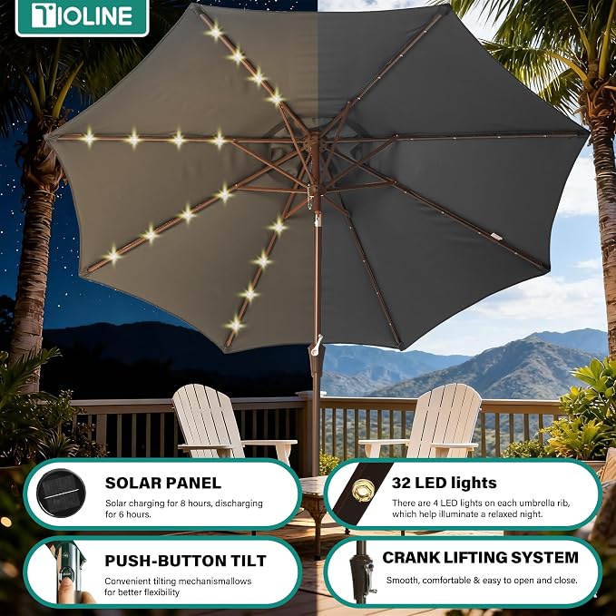 9FT Solar-Powered LED Patio Umbrella with Tilt Crank,Outdoor Market Umbrella with 32 Lights,Sunshade for Deck, Garden and Pool