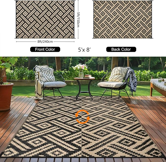 Outdoor Patio Plastic Straw Rug - 5x8 ft Outdoor Camping Rug Waterproof Reversible, Area Carpet Patios RV, Outside Porch Balcony Deck for Camper, Moden Black Beige
