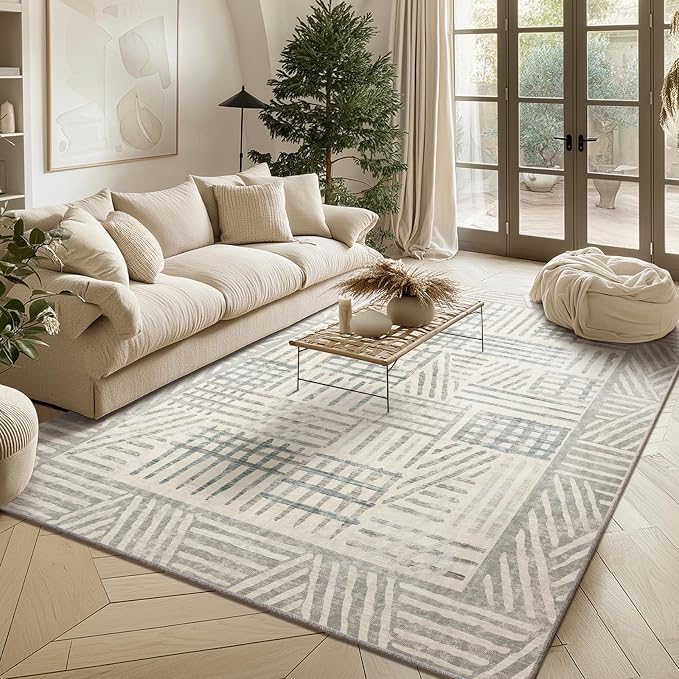 Area Rug 5x7 Abstract Geometric Textured Brushstroke - Neutral Gray & Light Blue Modern Minimalist Area Rug, Decorative Carpet for Living Room Bedroom Home Decor