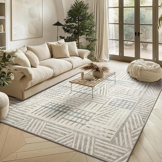 Area Rug 5x7 Abstract Geometric Textured Brushstroke - Neutral Gray & Light Blue Modern Minimalist Area Rug, Decorative Carpet for Living Room Bedroom Home Decor
