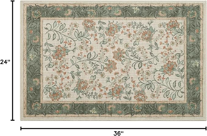 GarveeHome Small Sage Green Entryway Rug, 2x3 Washable Front Door Rug Indoor Entrance French Floral Carpet Non-Slip Beige Throw Rugs for Kitchen, Powder Room, Entry, Bathroom, Kids Room