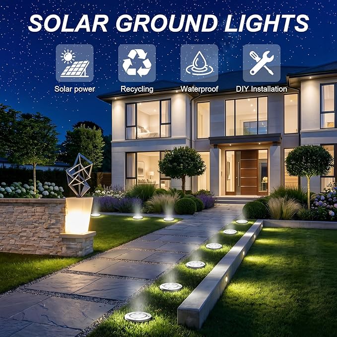 OULONGER Solar Ground Lights 16 Packs, Garden Solar Outdoor Waterproof Pathway Bright In-Ground Landscape Lights for Patio, Lawn, Yard, Driveway, Step and Walkway White Light