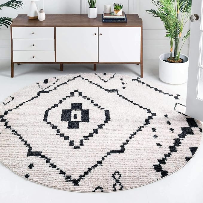 Unique Loom Morocco Collection Tribal, Southwestern, Bohemian Area Rug (4' 0 x 4' 0 Round, Ivory/Black)