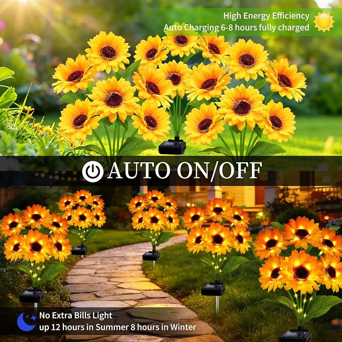 Solar Garden Lights Outdoor, 4 Pack Solar Sunflower Lights with 18 Head 3.5 Inch Flowers, Waterproof Flowers Light Fall Decor Auto ON/Off for Garden Yard Patio Backyard, Gifts for Mom Women