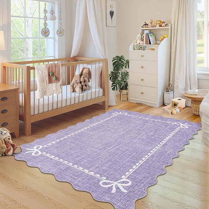GarveeHome Scalloped Bow Rug 9x12 Washable Purple Rugs for Girls Bedroom | Non Slip Soft Low Pile Indoor Large Carpet for Living Room Nursery Decor Hallway Kids Room College Dorm Playroom