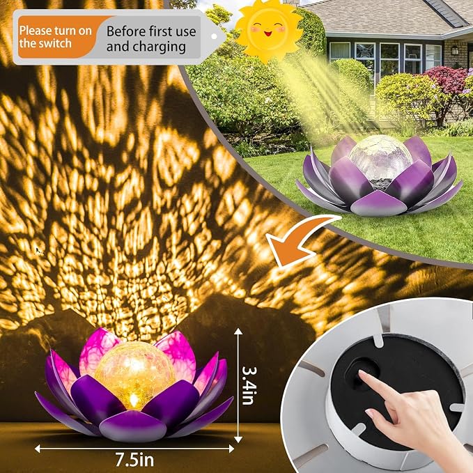 AIINY Solar Light Outdoor Decor Art Crackle Globe Glass Lotus Decoration, Solar LED Waterproof Purple Metal Flower Lights for Patio,Lawn,Walkway,Tabletop(2Pack)