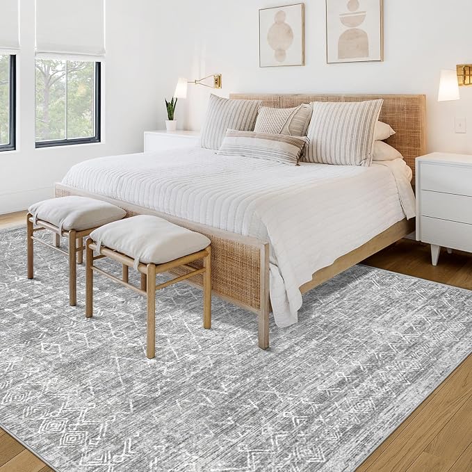 Area Rug for Living Room 6x9: Large Washable Boho Moroccan Rugs Geometric Neutral Rug, Non-Slip Foldable Morden Farmhouse Indoor Floor Carpet for Bedroom Dining Table Home (Moroccan Grey, 6'x9')