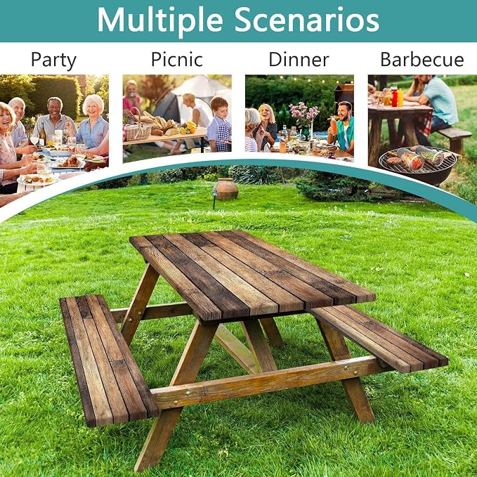 Wooden Picnic Table Cover with Bench Covers and Bag, Waterproof Windproof, Camping Fitted Tablecloth Cover with Elastic Edge, for Indoor & Outdoor, Garden, Camping, 3 Pieces Set, 30x60 Inch