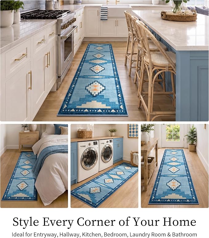 YIHOUSE 2'x6' Washable Hallway Runner Rug, Blue Aztec Coastal Runner Rug | Non-Slip, Low Pile, Soft, Mid Century Modern Geometric Design, for Entryway Kitchen Bedroom
