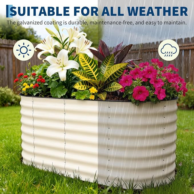 Garvee 2 Pack 4x2x2ft Galvanized Raised Garden Bed Kit, Oval Metal Planter Boxes with Anti-Cut Safety Edges, Rust-Resistant Deep Root Planters for Outdoor Vegetables, Flowers, Herbs, Beige