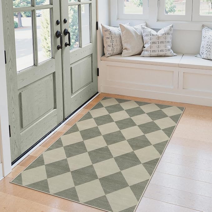 Beeiva Checkered Print Bedroom Area Rug 3x5, Non Slip Ultra Thin Washable Entryway Rug Low Pile Soft Bathroom Rugs Green, Moroccan Farmhouse Trellis Throw Rugs for Kitchen Office Kids Room