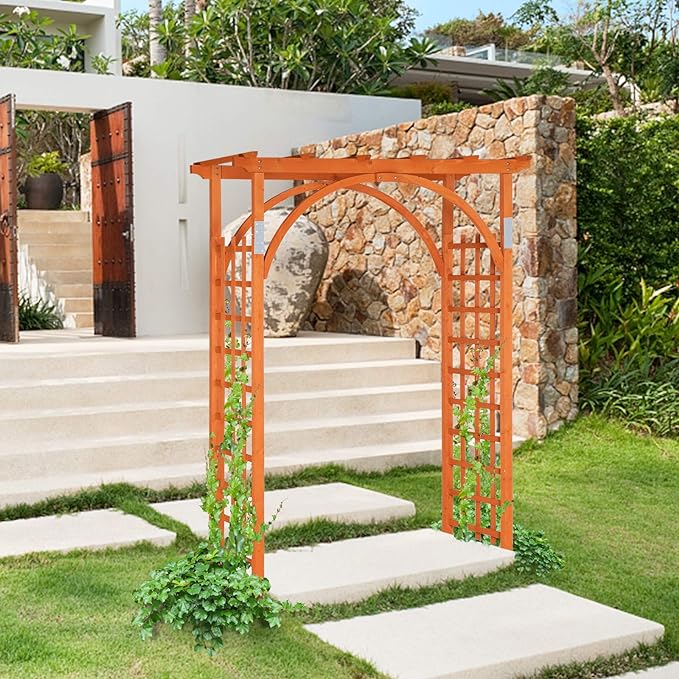 VINGLI 85in Wooden Arbor Garden Arch, Wedding Arch for Ceremony, Wood Trellis for Plant Climbing, Christmas Decor Pergola for Garden Backyard, Lawn (Golden Brown)