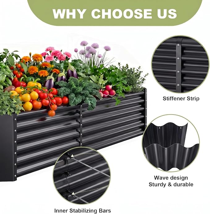 AHEONLAR 2 Pack 8×4×1.5ft Galvanized Raised Garden Beds Outdoor, Rectangle Sturdy and Durable Planter Boxes for Vegetables, Fruits, Flowers and Plants, Easy Assembly, Black
