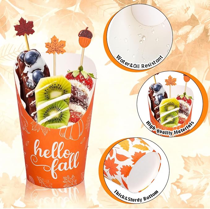 FYSUIMU 50 Pcs 14 Oz Fall Thanksgiving Charcuterie Cups with Sticks Bags Twist Ties Maple Leaves Disposable Appetizer Cup French Fry Holder for Autumn Party Favor Supplies