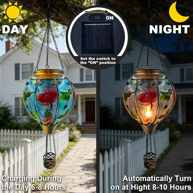 2PCS Solar Hot Air Balloon Flickering Flame Hanging Garden Light with Shepherd's Hooks, 18" H Waterproof Glass Outdoor Lantern for Yard Patio, Mother's Day Gift, Hummingbird