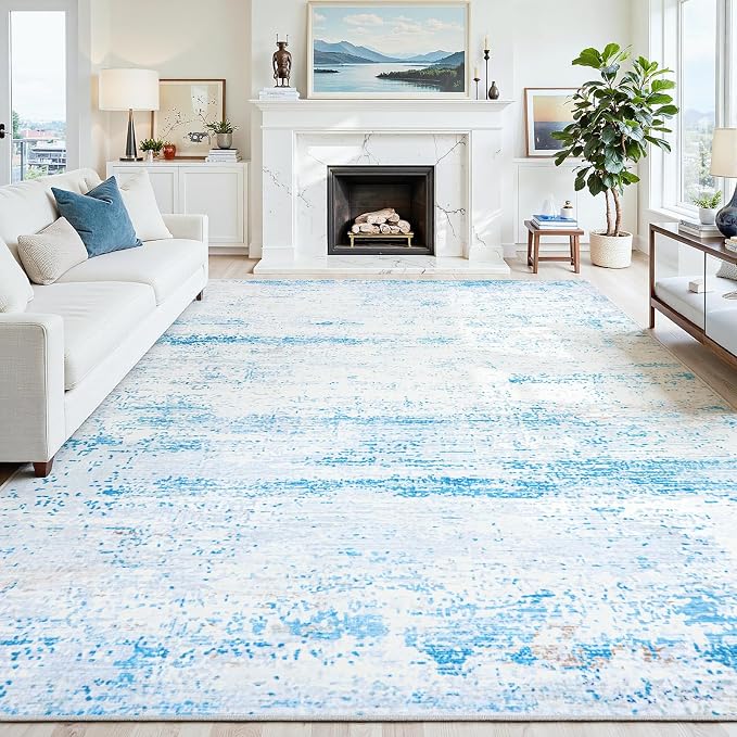 5x7 Washable Area Rug for Living Room Bedroom: Non-Slip Modern Light Blue | Machine Washable TPR Backing, Stain-Resistant Low Pile, Pet & Kid Friendly, Abstract Decor for Dining Room, Dorm, Home Office