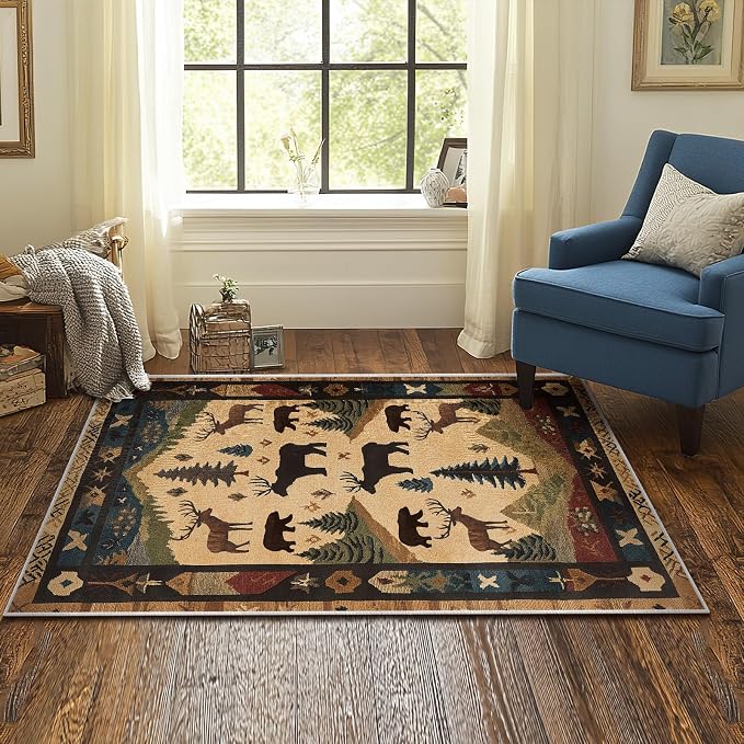 Farmhouse Cabin Area Rug Rustic Deer Bear Washable 3x5 Rugs for Living Room Bedroom Western Country Non-Slip Soft Floor Large Carpet for Office Entryway Bathroom