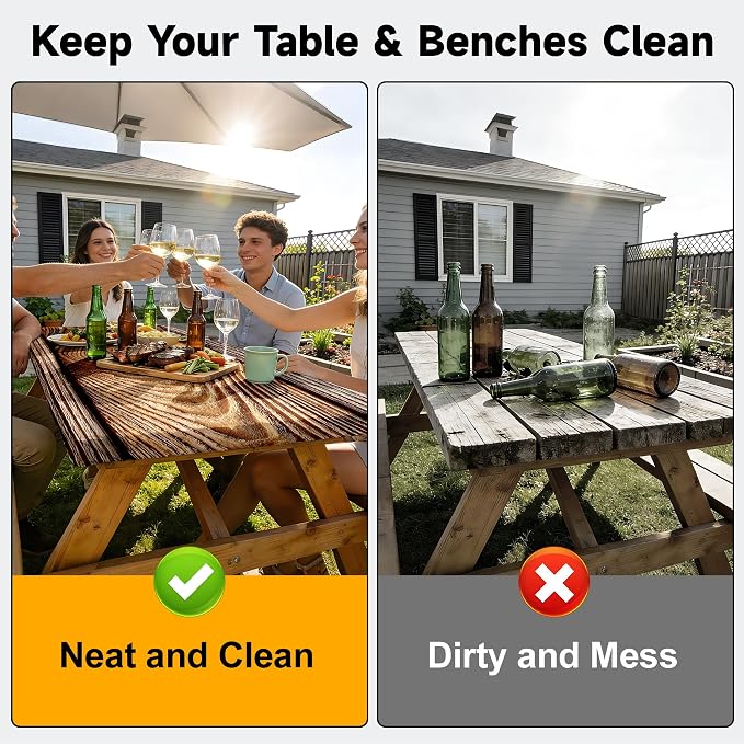 NYZE 3 Pieces Picnic Table Cover with Bench Covers Set, Camping Tablecloth, Tablecloth Cover with Drawstring Bag, Camping Essentials for Outdoor Picnics, Patio, BBQ (Wood Grain)