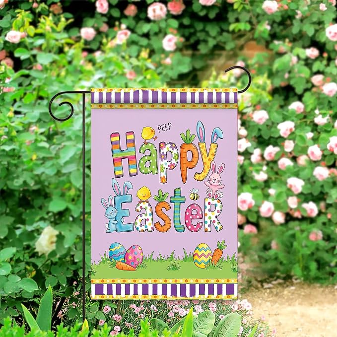Easter Eggs Garden Flag Double Sided, Easter Bunny Decorations for Porch Welcome Banner for Outside March Spring Yard Outdoor Farmhouse Decoration (Small-12.5×18 inch)