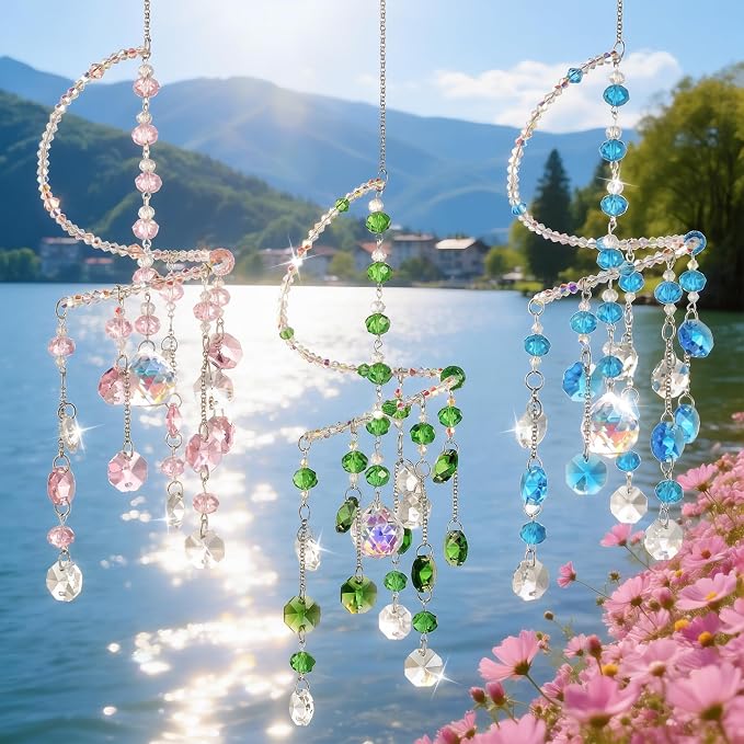 3 Pcs Crystal Suncatchers Wind Chimes, Spiral Sun Catchers Indoor Window | Crystal Wind Chimes Boho Healing Hanging Crystals for Home Garden Wedding Decoration(Pink,Green,Blue)