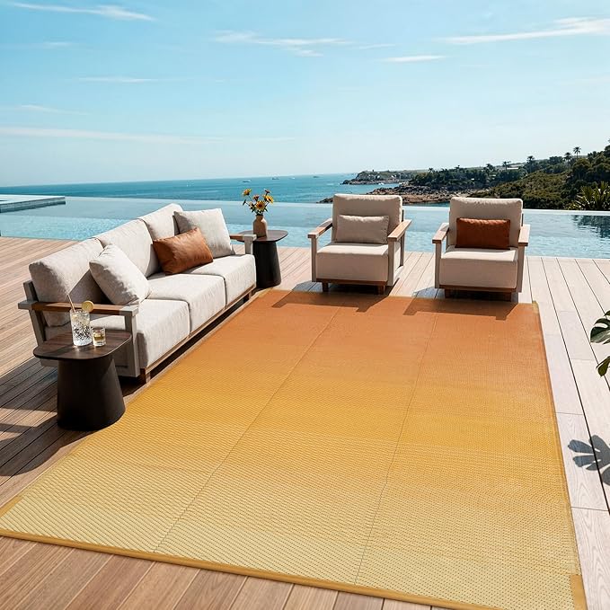 Lahome Outdoor Rug 9x12 Patio Waterproof, Reversible Plastic Straw Camping Rv Rugs for Outside Under Awning, Portable Lightweight Carpet for Porch Backyard, Orange Yellow 9'x12'