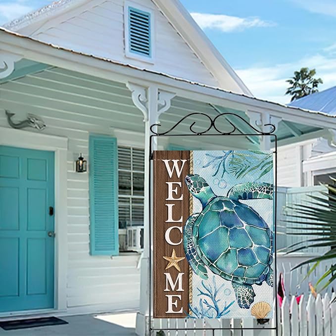Artofy Welcome Summer Beach Sea Turtle Large Decorative House Flag, Coastal Ocean Farmhouse Yard Garden Outside Decor, Spring Nautical Starfish Coral Burlap Outdoor Home Decoration Double Sided 28x40