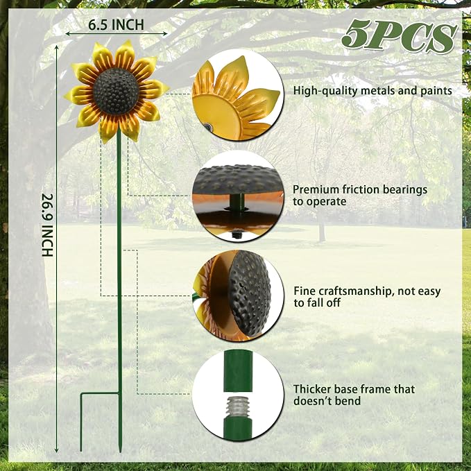 Sunflowers Metal Yard Art Wind Spinners Outdoor Decoration Stakes | 5pcs Lawn Ornaments, Lawn Decorations Garden Stakes, Metal Outside Decor for Flower Garden Decor, Sunflower Gift for Women