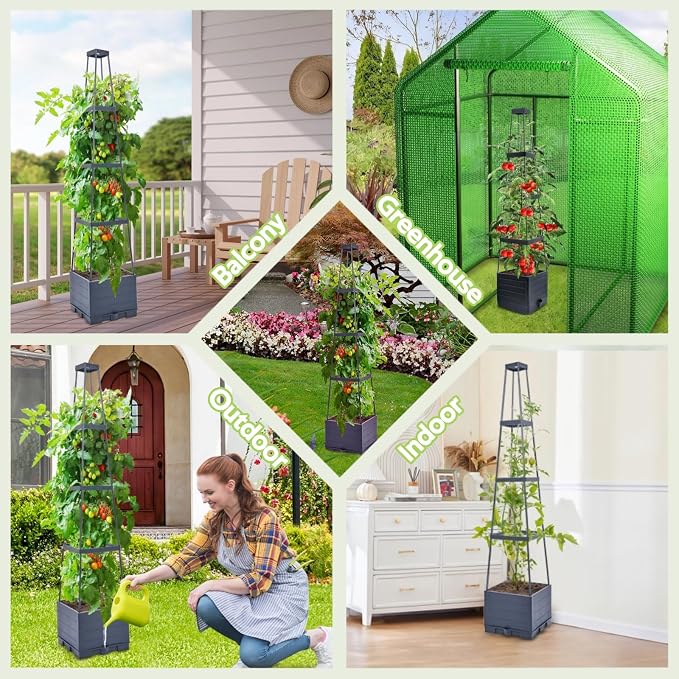 Self Watering Tomato Planter for Growing Tomatoes - 55" Raised Garden Bed Planter Box with Trellis for Climbing Plants - Tomato Support Cage for Vine Vegetables Flowers Greenhouse Indoor Outdoor