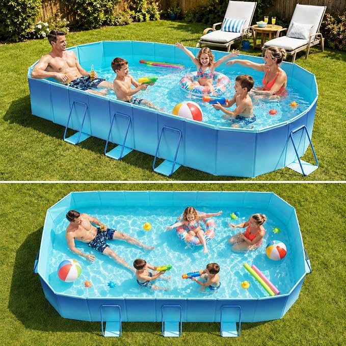 Japard Foldable Non-Inflatable Pool Large 114" Kids Aqua Blue | Kiddie Family Swimming for Kids Adults Baby Toddler 20 Inch Deep Above Ground for Backyard Blue Green Charcoal Gray