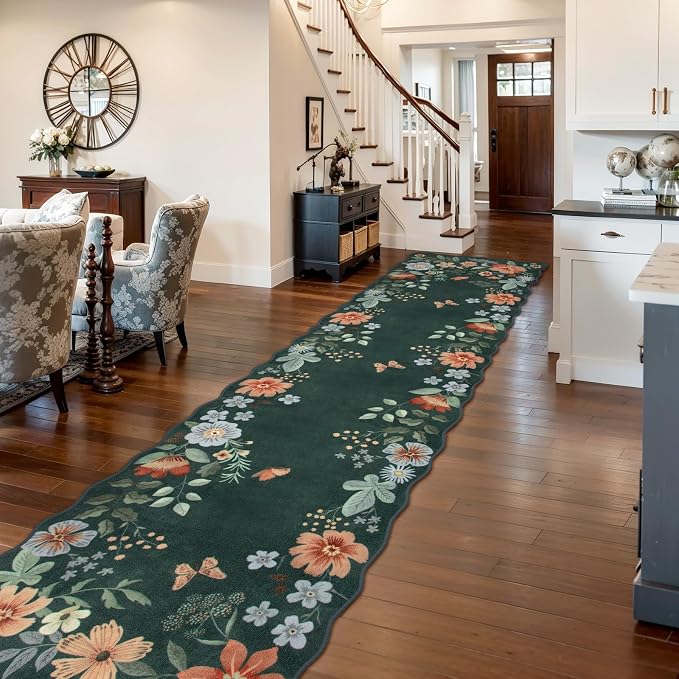 Lahome Floral Hallway Runner Rug Non Slip, 2'6''x10' Soft Washable Runners | Stain Resistant Runners for Hallways Kitchen Runners Carpet for Entryway Bathroom Flore (Dark Green)