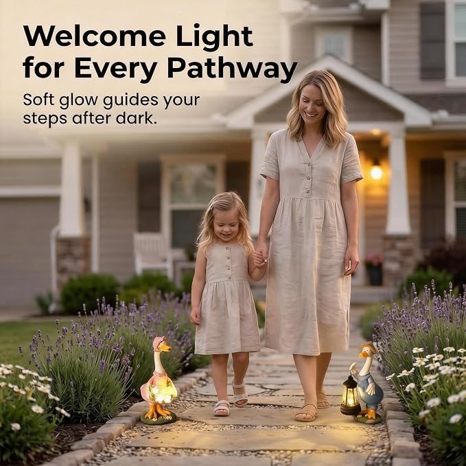 2 Pack Porch Goose Statues, 10 Inch Solar Powered Light Up Resin Garden Statues, Waterproof Outdoor Decor for Patio Lawn, Cute Duck Goose Figurine