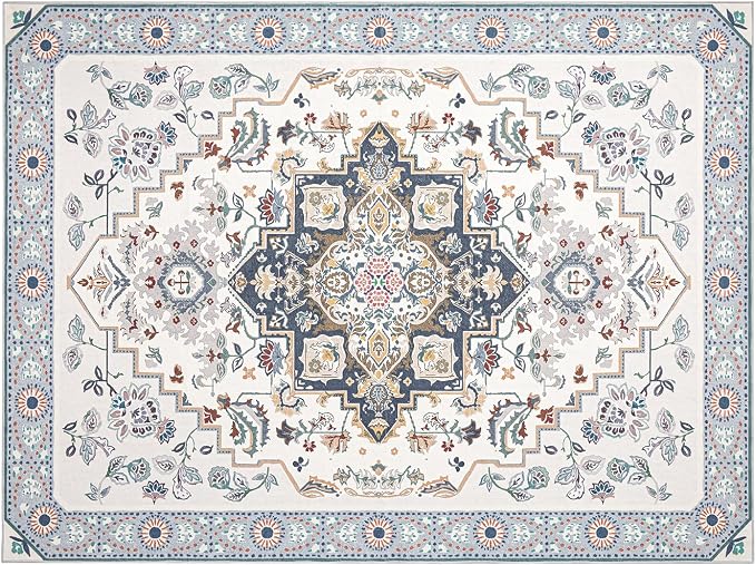 Phantoscope Washable Area Rug 9'x12' Non-Slip, Vintage Boho Rugs for Living Room, Bedroom, Dining Room, Persian Floral Medallion Pattern, Low-Pile Foldable Floor Carpet, Ivory Blue/Garden Bloom